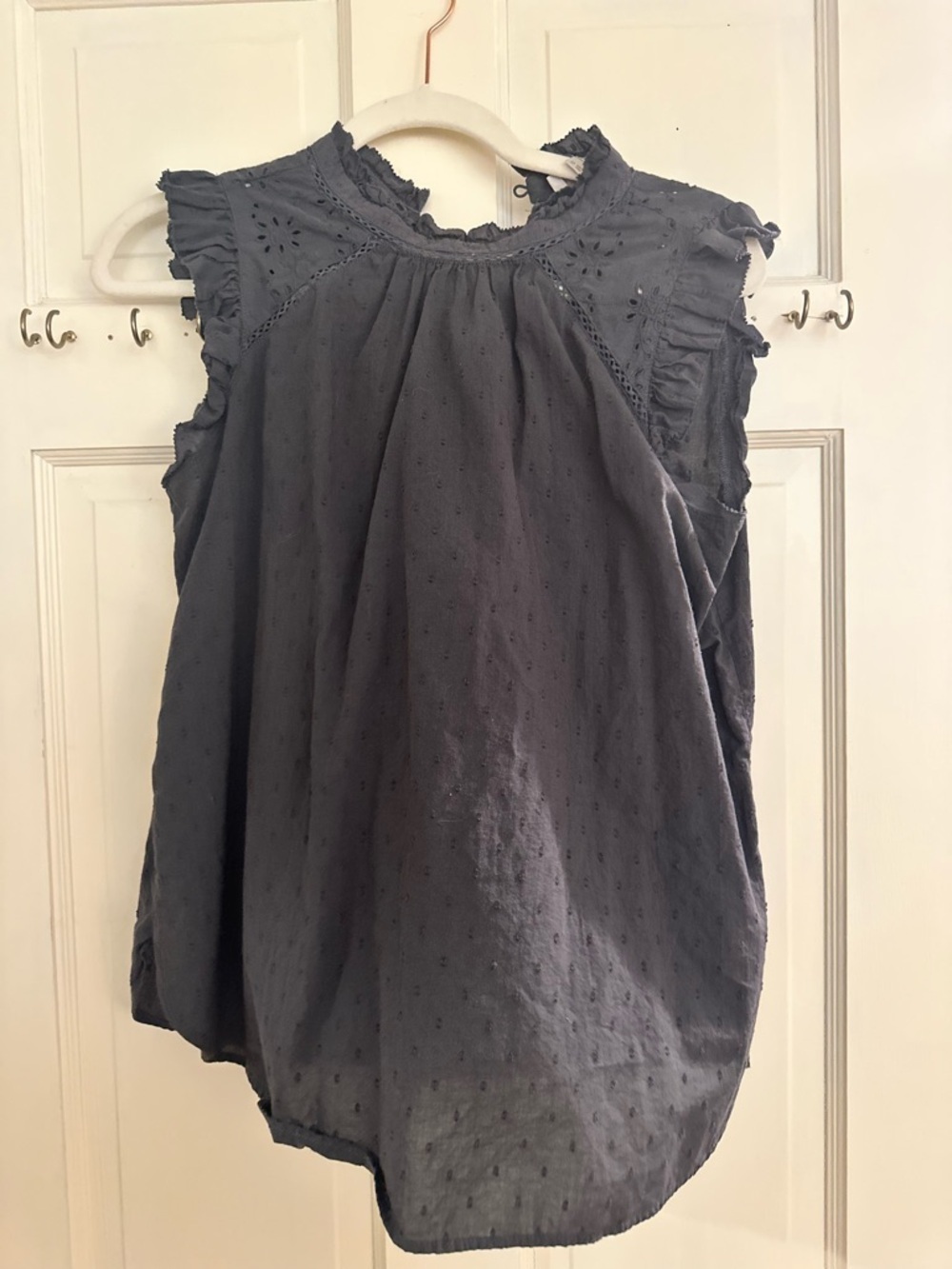 LOFT Charcoal Gray Eyelet Ruffle Sleeveless Top